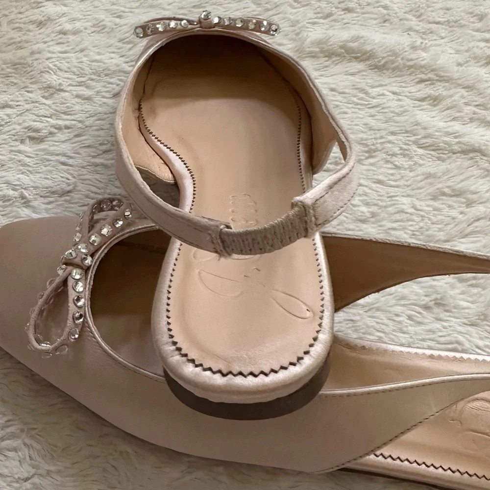 J. Crew Anya Slingback Blush Pink Satin Crystal Bow NWT